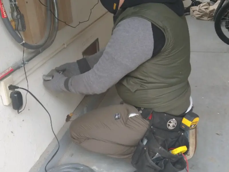 Electrician performing outlet wiring in a Baden garage